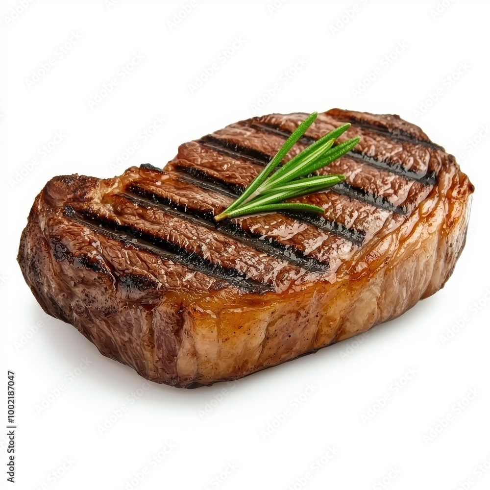Striploin steak isolated on a white background, showcasing its tender texture and delicious grill marks. Striploin steak isolated on a white background, showcasing its tender texture and delicious grill marks.