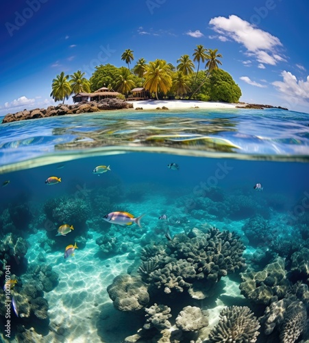 Tropical island with palm trees and a pristine beach. AI.