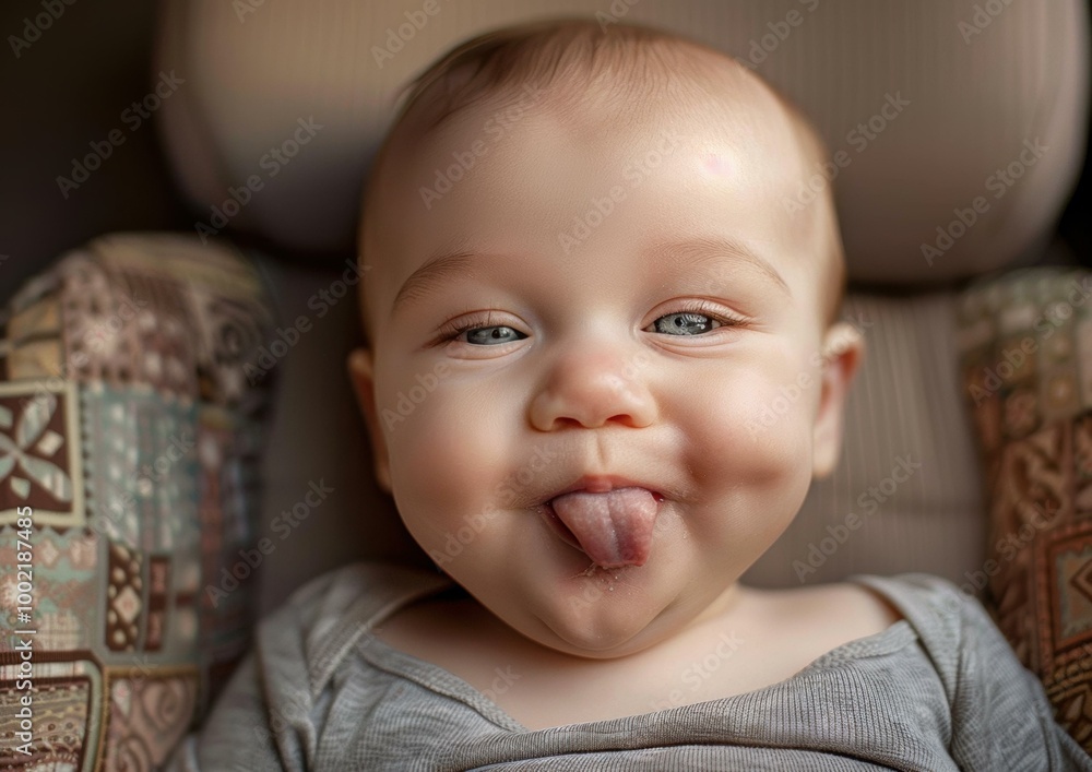 A baby with big blue eyes sticks out their tongue. AI. A baby with big blue eyes sticks out their tongue. AI.