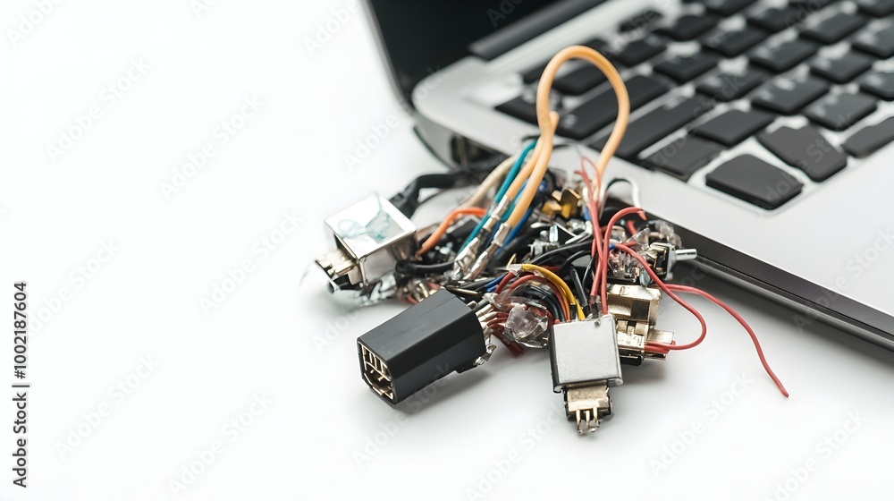 Closeup Shot of a Damaged Laptop Charger with Exposed Wires and Broken Electrical Connectors Isolated on a Plain White Background Concept of Electrical Malfunction Repair or Replacement Needed Closeup Shot of a Damaged Laptop Charger with Exposed Wires and Broken Electrical Connectors Isolated on a Plain White Background Concept of Electrical Malfunction Repair or Replacement Needed