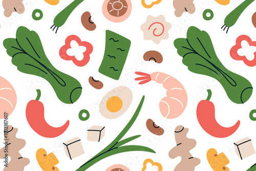 Seamless vector pattern with ramen ingredients in flat cartoon style. Asian cuisine elements like shrimp, tofu, ginger, bok choy. Korean food like fish cake, nori, and beans for food designs