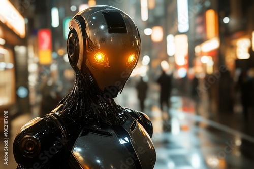 A futuristic robot with glowing eyes stands on a busy city street, looking towards the viewer.