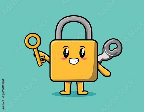 padlock character holding a key in retro vector