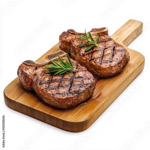 Pork steak on a wooden tray, isolated on a white background, adding a rustic touch to the display.