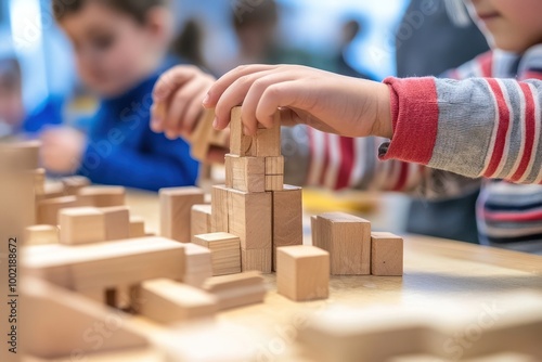 A child's hand placing a wooden block on top of a tower of wooden blocks.