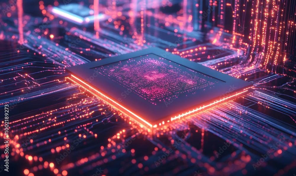Obraz premium Futuristic AI Chip with Neon Circuits and Dynamic Data Streams in High-Tech Digital Environment