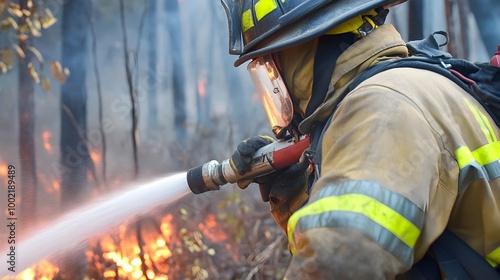 Courageous firefighter in full protective gear using a high pressure water hose to spray down the edge of a raging forest fire