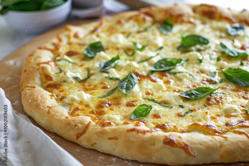 A gourmet cheese pizza with a crispy crust and fresh basil leaves A gourmet cheese pizza with a crispy crust and fresh basil leaves
