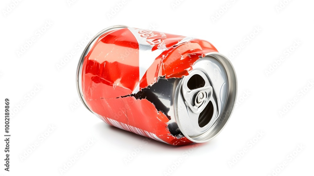 Crushed soda can with multiple dents and a crumpled deformed surface texture isolated on a plain white background The can has a battered Crushed soda can with multiple dents and a crumpled deformed surface texture isolated on a plain white background The can has a battered
