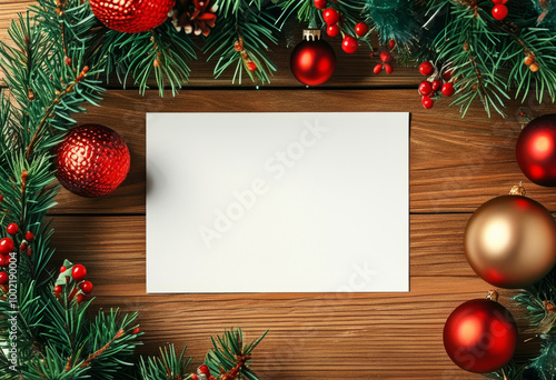 Christmas Card Mockup on Wooden Background. Holiday Card with Natural Greenery and Ornaments. Christmas Stationery with Festive Ornaments. Copy space photo