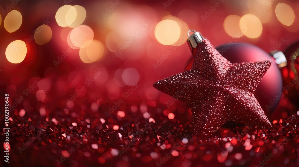 Festive Red Star and Bauble on Sparkling Background: Capturing the Holiday Spirit with Glitter and Bokeh Lights Festive Red Star and Bauble on Sparkling Background: Capturing the Holiday Spirit with Glitter and Bokeh Lights