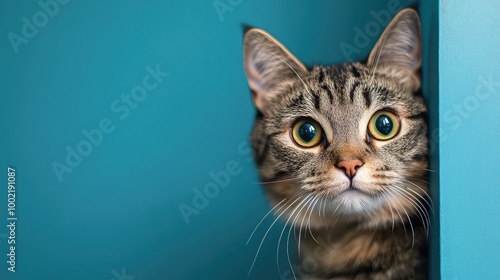 Frightened Cat Peeking from Behind a Corner on Blue Background: Capturing Fear and Curiosity in a Stock Technology Image