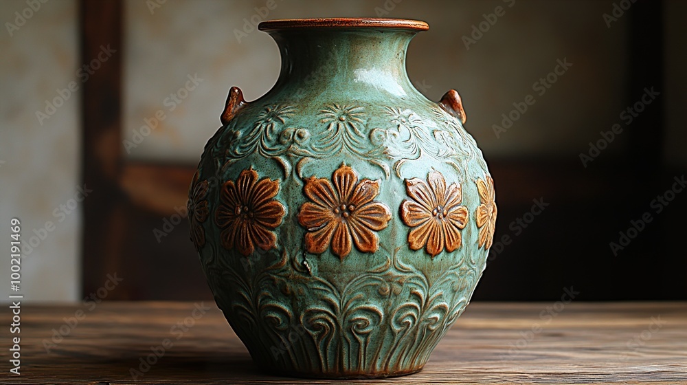 Ornate Ceramic Vase with Floral Design - Antique Asian Pottery Ornate Ceramic Vase with Floral Design - Antique Asian Pottery