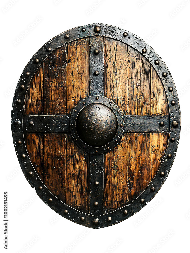 Naklejka premium medieval wooden shield side view, on isolated transparent background