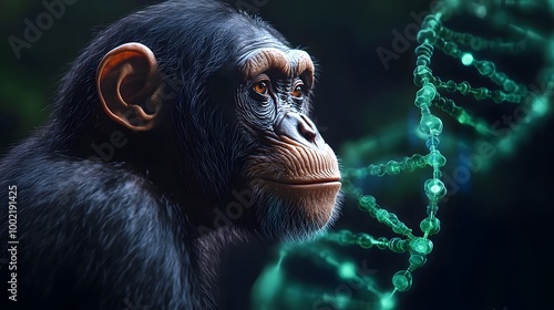 Wallpaper Mural Chimpanzee and DNA: A contemplative chimpanzee looks off-camera, its gaze reflecting the complex connection between humans and our primate relatives. A glowing. Torontodigital.ca