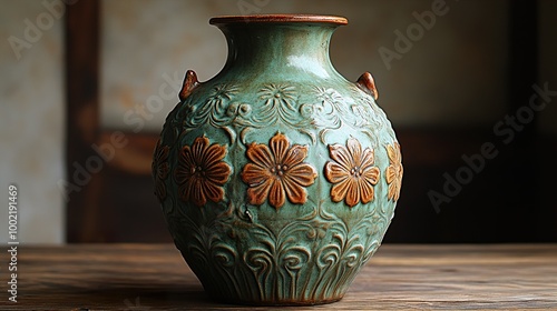 Ornate Ceramic Vase with Floral Design - Antique Asian Pottery