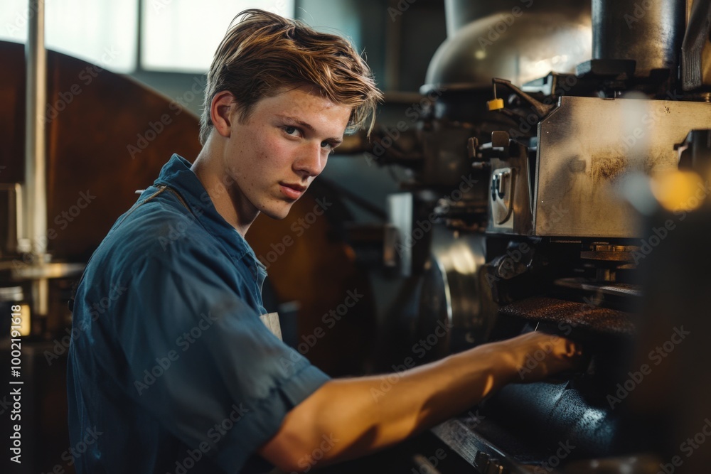 Coffee Roastery. Young man roasting coffee beans with specialty roasting equipment Coffee Roastery. Young man roasting coffee beans with specialty roasting equipment