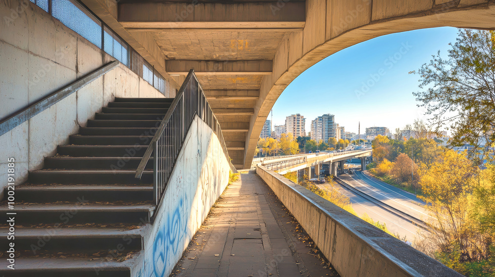 Fototapeta premium Arched steel bridge with pedestrian stairs under sunlight, showcasing a vibrant cityscape and highway below on a clear day