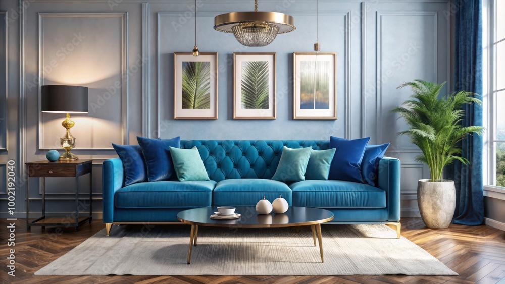 The chic modern living room features an elegant blue velvet sofa, beautifully complemented by stylish decor elements, The chic modern living room features an elegant blue velvet sofa, beautifully complemented by stylish decor elements,
