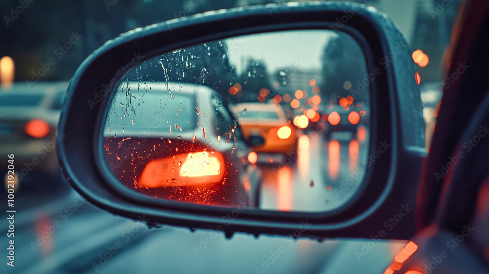Evening traffic jam reflection in a rainy city seen through a rear view mirror with vibrant lights and raindrops Evening traffic jam reflection in a rainy city seen through a rear view mirror with vibrant lights and raindrops