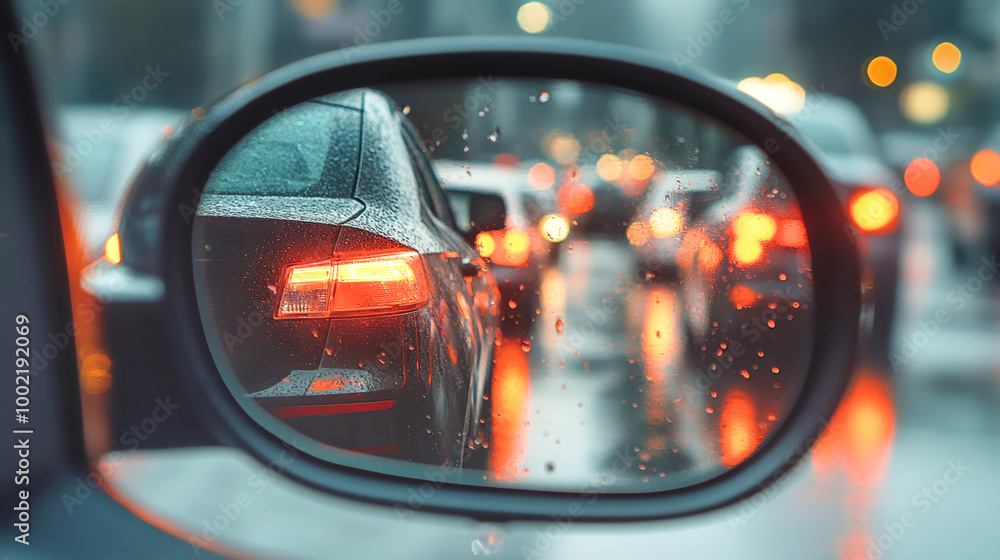 Evening traffic jam reflected in a rearview mirror during rainy weather on a city street, showcasing motion blur and a cinematic style Evening traffic jam reflected in a rearview mirror during rainy weather on a city street, showcasing motion blur and a cinematic style