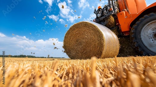 Detailed close up view of an agricultural hay baler machine compressing and wrapping freshly harvested hay bales in a picturesque countryside field setting during the autumn season photo