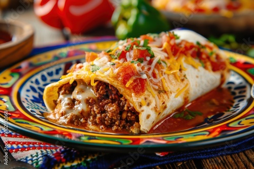 A hearty beef and bean burrito smothered in red sauce and melted cheese, served on a colorful Mexican-themed plate. Copy space