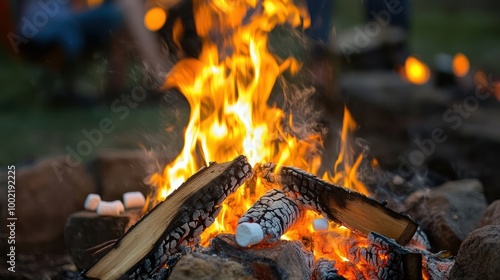 A close-up of a campfire with burning logs, flames, and white marshmallows roasting in the heat.