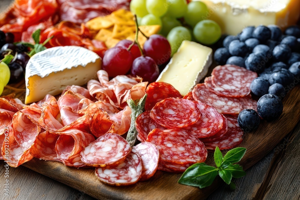 A close-up of a charcuterie board with various cured meats, cheeses, grapes, and blueberries. A close-up of a charcuterie board with various cured meats, cheeses, grapes, and blueberries.
