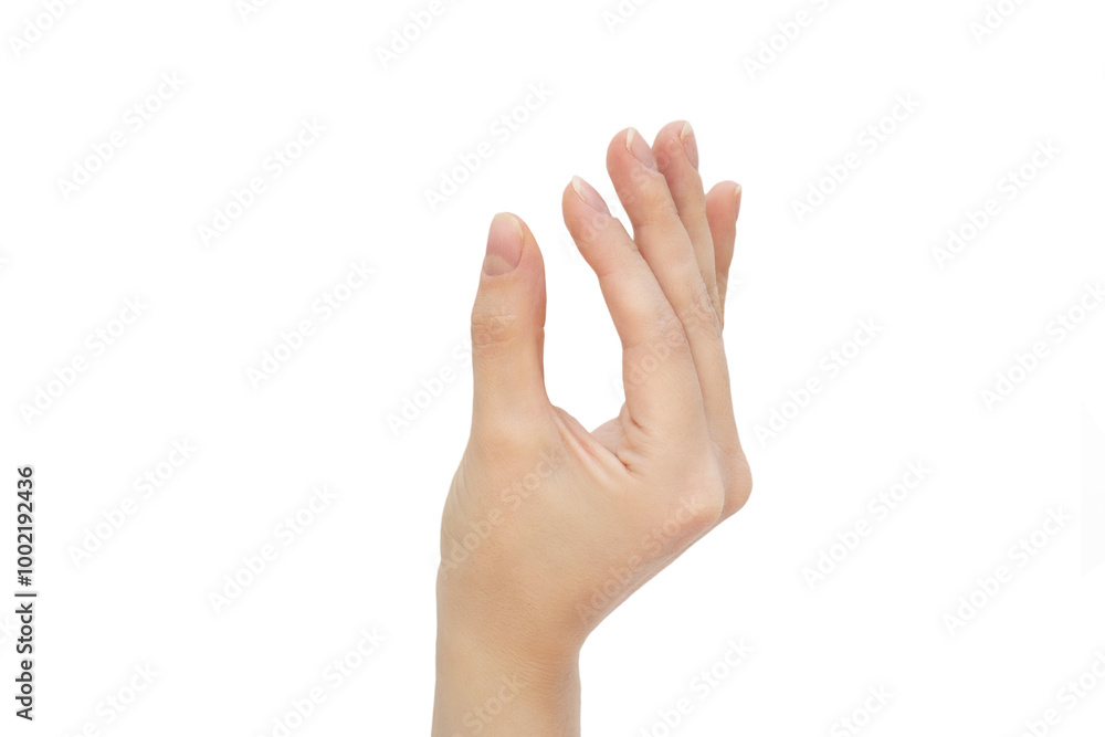 Female hand showing small or holding something small, Female hand showing snapping his fingers against isolated on white background, clipping path. Female hand showing small or holding something small, Female hand showing snapping his fingers against isolated on white background, clipping path.