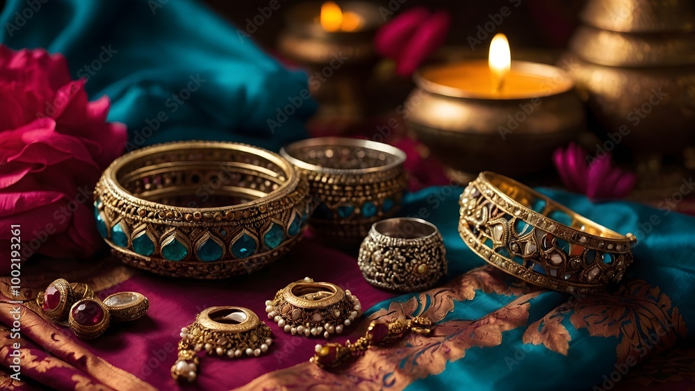Traditional Indian Jewelry Displayed Elegantly on Vibrant Fabric With Candles and Flowers for a Festive Atmosphere Traditional Indian Jewelry Displayed Elegantly on Vibrant Fabric With Candles and Flowers for a Festive Atmosphere