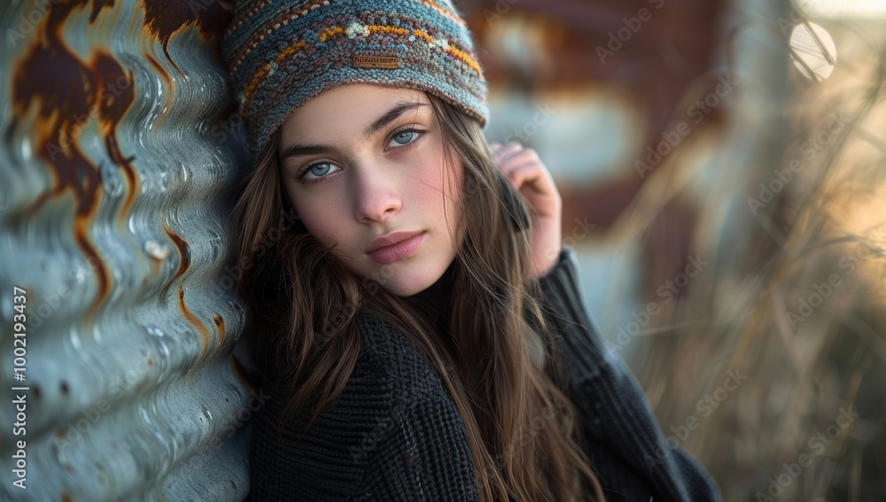 Beautiful girl with long trendy beanie looking out from the backdrop of an urban alleyway against the wall of rusted metal panels. Urban backdrop, background. confident gaze. Beautiful girl with long trendy beanie looking out from the backdrop of an urban alleyway against the wall of rusted metal panels. Urban backdrop, background. confident gaze.