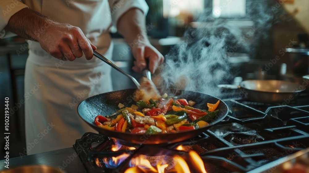A chef stirs a pan of vegetables and meat with a spatula over a hot stove. A chef stirs a pan of vegetables and meat with a spatula over a hot stove.