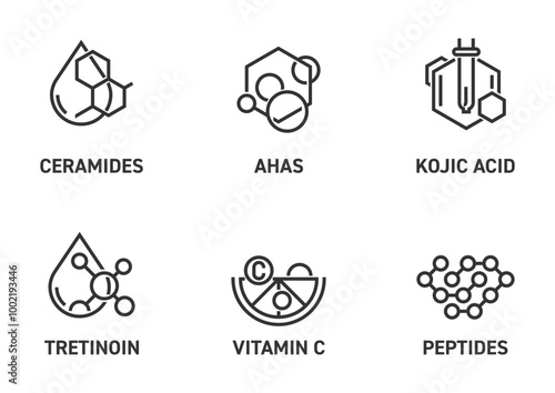 Peptides, Vitamin C, Tretinon, Kojic acid, AHAS and Ceramides - icons in bold line
