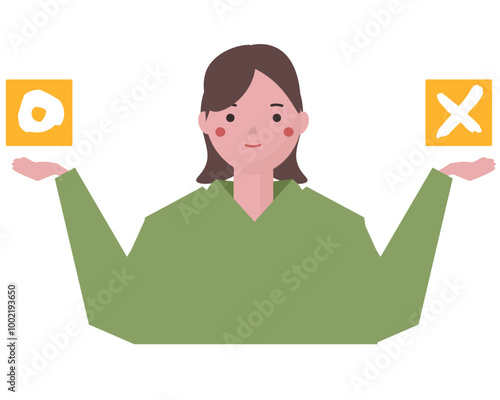 丸と罰の選択肢をチョイスする女性。ベクターイラスト