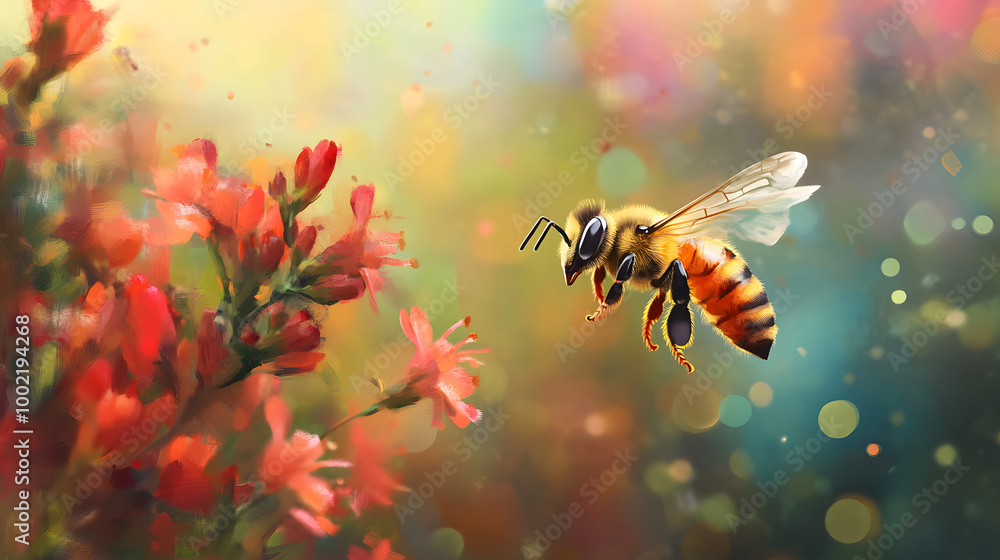 Fototapeta premium Busy Bee Hovering Over Beautiful Blooming Flower