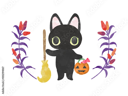 ハロウィンのホウキとカボチャを持つかわいい黒猫