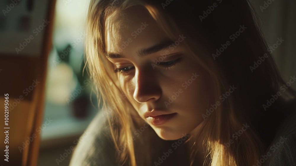 A young woman ponders deeply in a softly lit room during the golden hour, surrounded by a tranquil atmosphere A young woman ponders deeply in a softly lit room during the golden hour, surrounded by a tranquil atmosphere