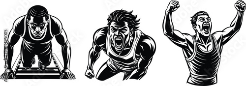 A set of photos on different stages of a running track race-anticipation, struggle, and triumph on transparent background