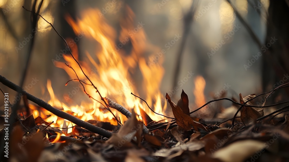Dramatic close up of a raging wildfire engulfing dry underbrush leaves and branches Intense flames and embers crackle and spread through the scorched vegetation Dramatic close up of a raging wildfire engulfing dry underbrush leaves and branches Intense flames and embers crackle and spread through the scorched vegetation