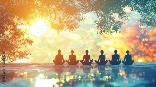 a group of people meditating together in a serene environment, emphasizing inner peace and harmony.