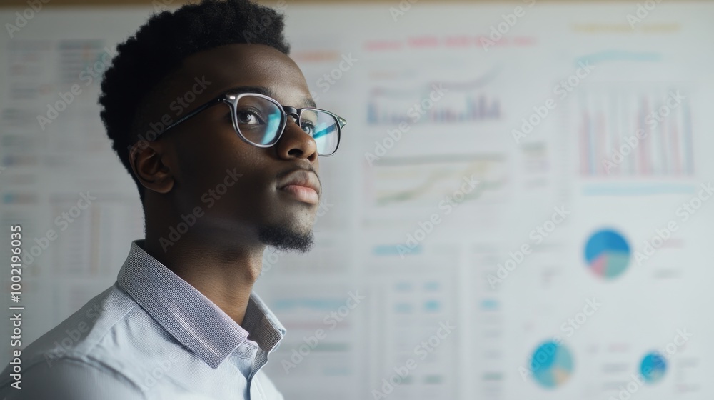 A young black man in glasses looking thoughtfully at charts on a whiteboard A young black man in glasses looking thoughtfully at charts on a whiteboard