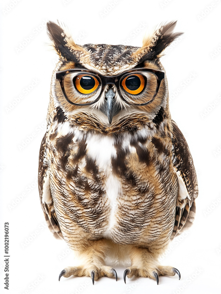 Obraz premium Wise owl in eyeglasses isolated on white background.