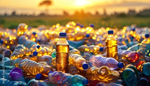 Vibrant Field of Recycled Bottles Glimmering in Golden Morning Light, Highlighting Environmental Awareness and the Importance of Sustainability photo