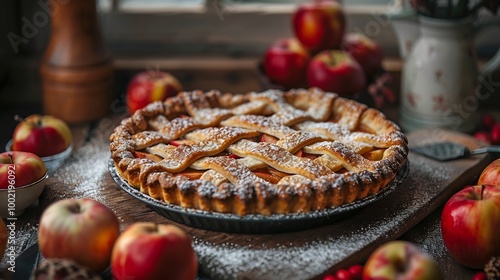 Rustic piemaking scene with a homemade apple pie recipe in progress showing a lattice crust being woven apples being peeled and a finished pie cooling on a windowsill photo