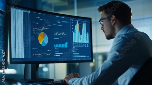 Man Analyzing Financial Data on a Computer Screen