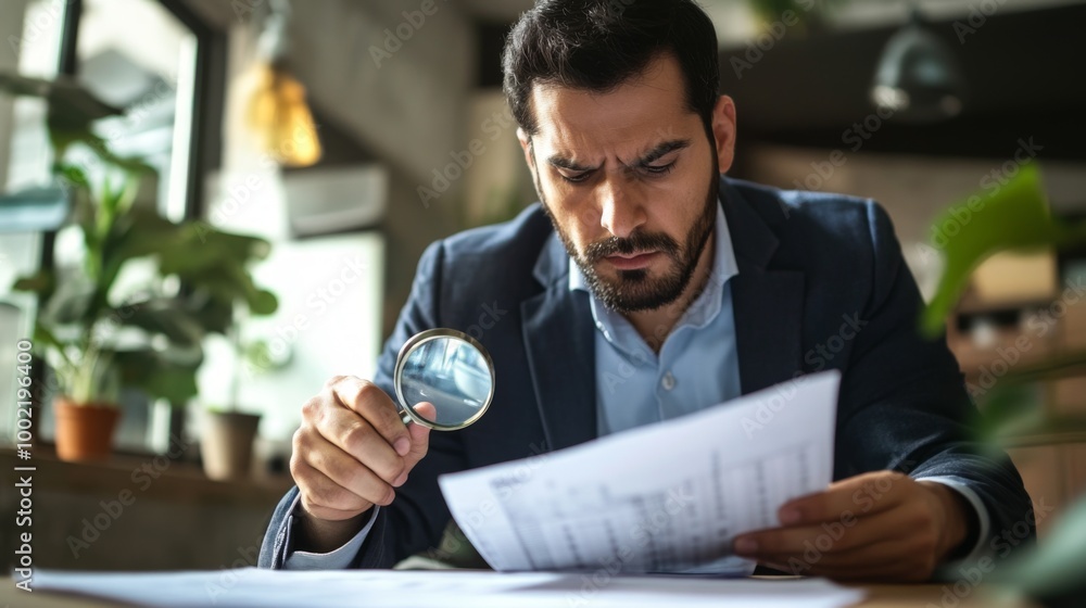 Man Scrutinizing Documents with a Magnifying Glass Man Scrutinizing Documents with a Magnifying Glass