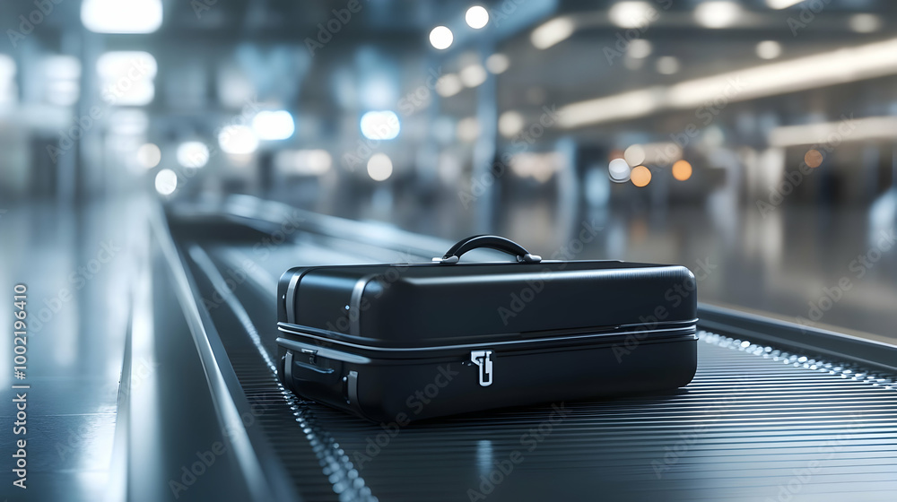 A black suitcase rests on the baggage claim conveyor belt in a modern airport terminal, symbolizing travel and adventure. A black suitcase rests on the baggage claim conveyor belt in a modern airport terminal, symbolizing travel and adventure.