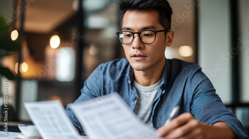 A Man in Glasses Reading Documents at a Desk