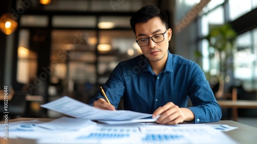 A Man in Glasses Studying Financial Documents at a Desk